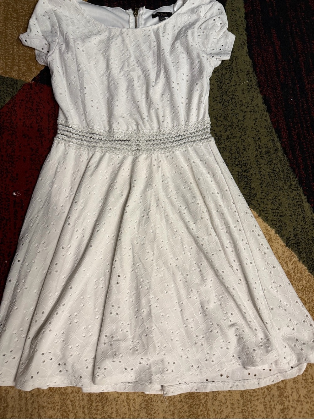 City Studio White Eyelet Fit & Flare Dress with Smocked Waistband
